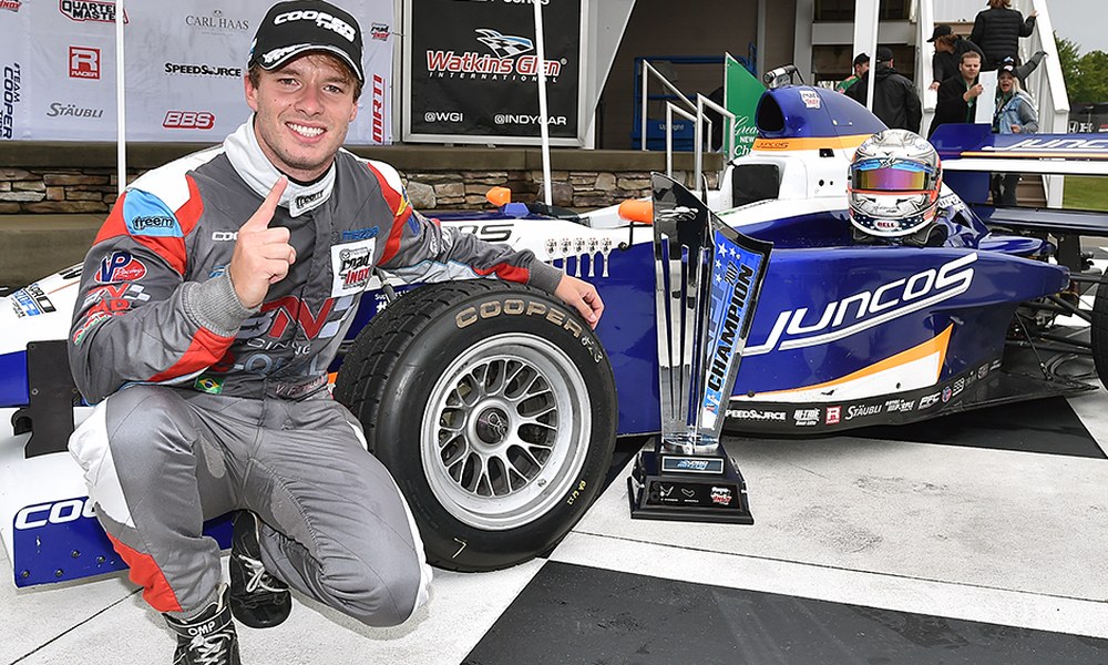 Victor Franzoni celebrating a Road to Indy championship at Watkins Glen International